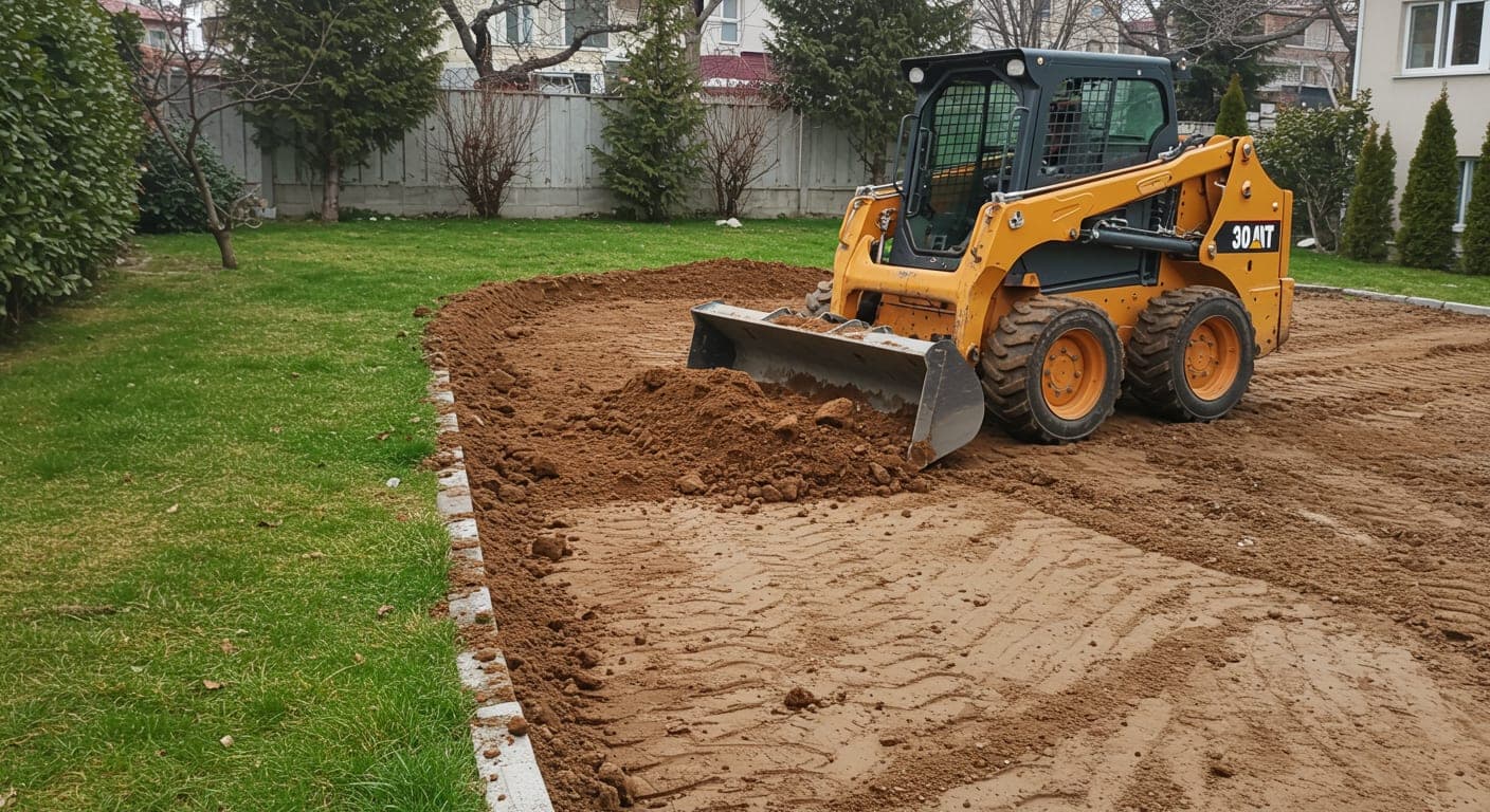 Ankara'da bahçe kot yükseltme için dolgu toprağı serimi ve makineli tesviye çalışması