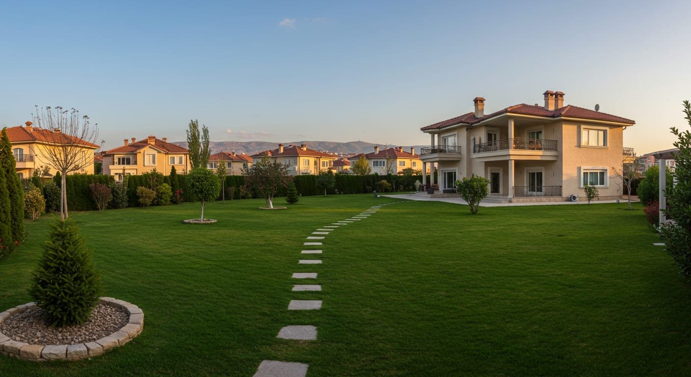 Yenimahalle Beysukent'te geniş villa bahçesinde peyzaj uygulaması, bakımlı yeşil alan