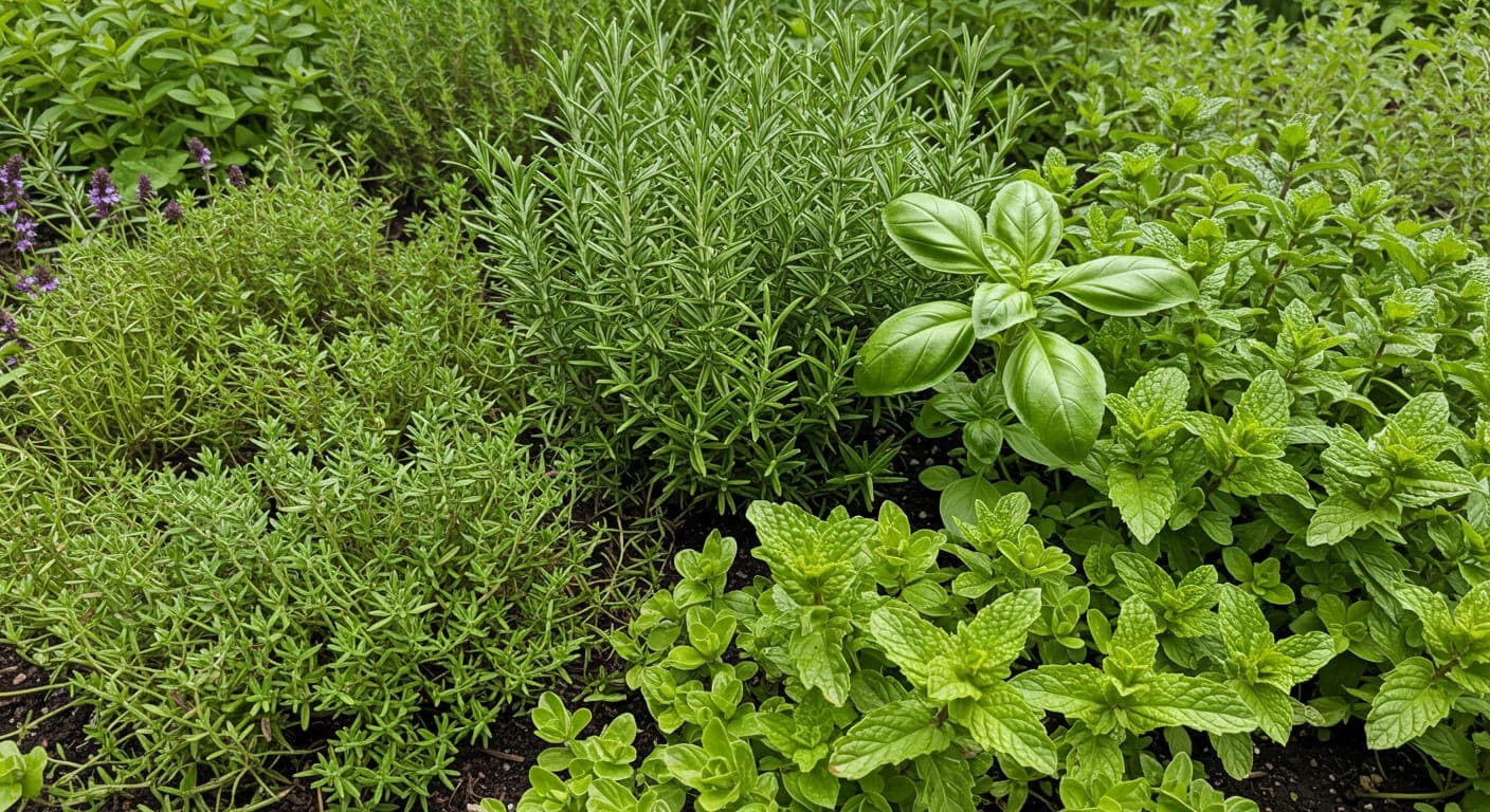 Güneşli bahçede kekik, biberiye ve lavantanın bir arada yetiştiği aromatik mutfak bitkileri yatağı — Ankara herb garden