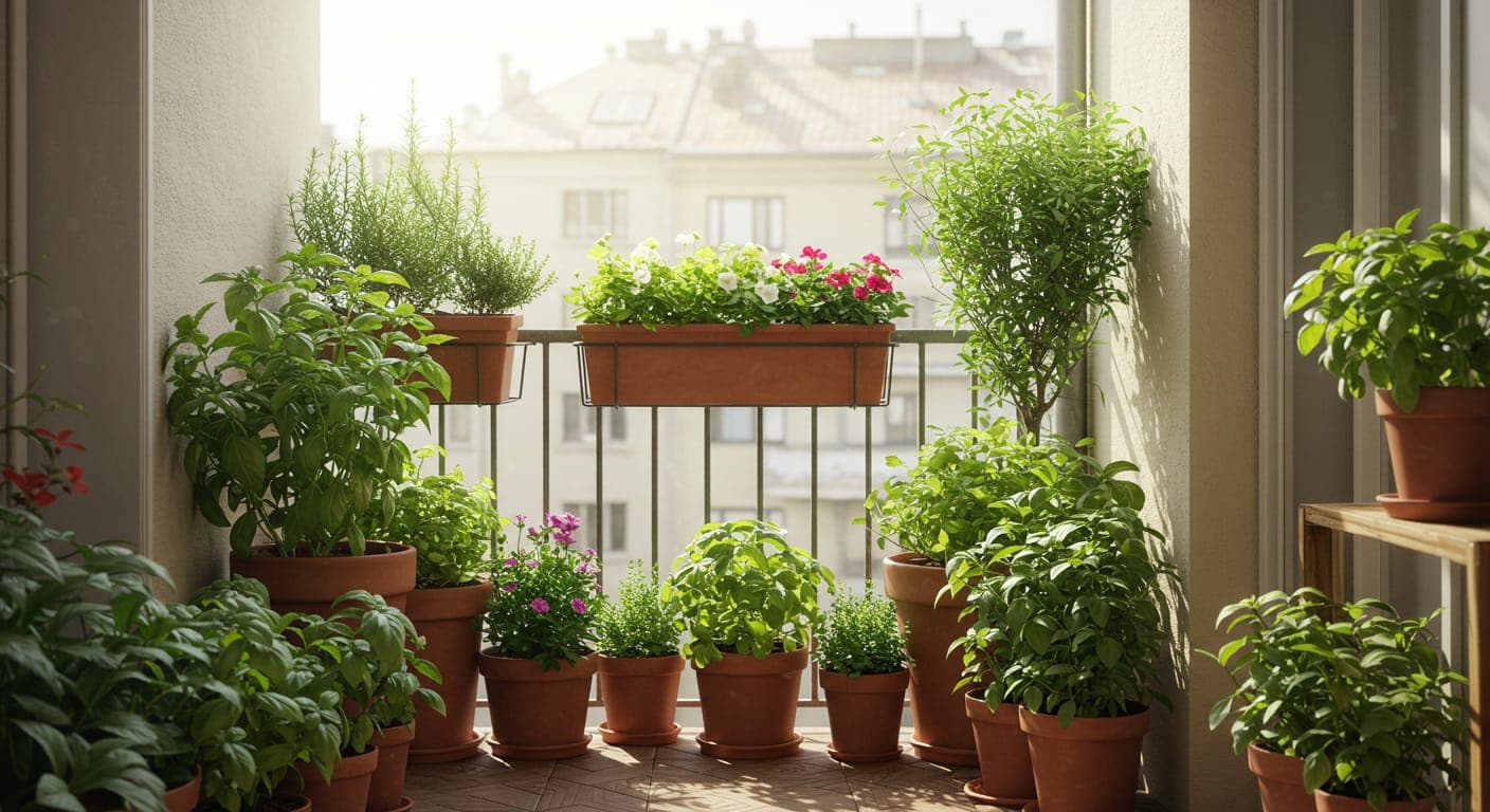 Güney cepheli balkonda terracotta saksılar, sardunya ve baharatlık otlarla düzenlenmiş balkon bahçesi