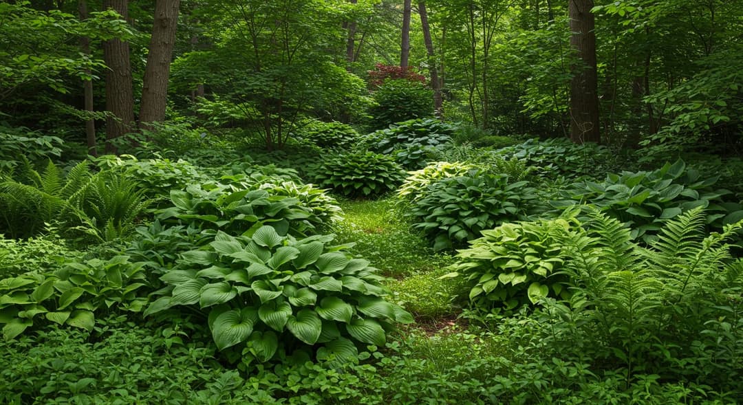 Hosta, eğrelti ve Heuchera ile düzenlenmiş gölge bahçesi köşesi, ağaç altı gölge bitkilendirmesi Ankara