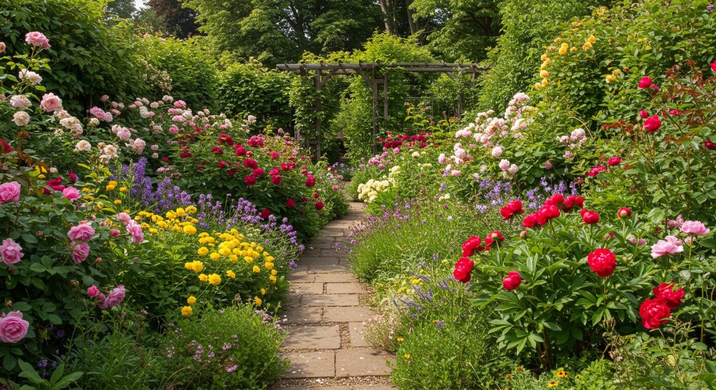 Tırmanıcı gül kemeri, şakayık ve delphinium ile dolu romantik İngiliz kır bahçesi — Ankara cottage garden tasarımı