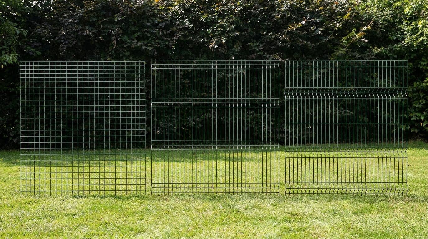 Farklı tipte panel çit bölümlerinin yan yana görünümü