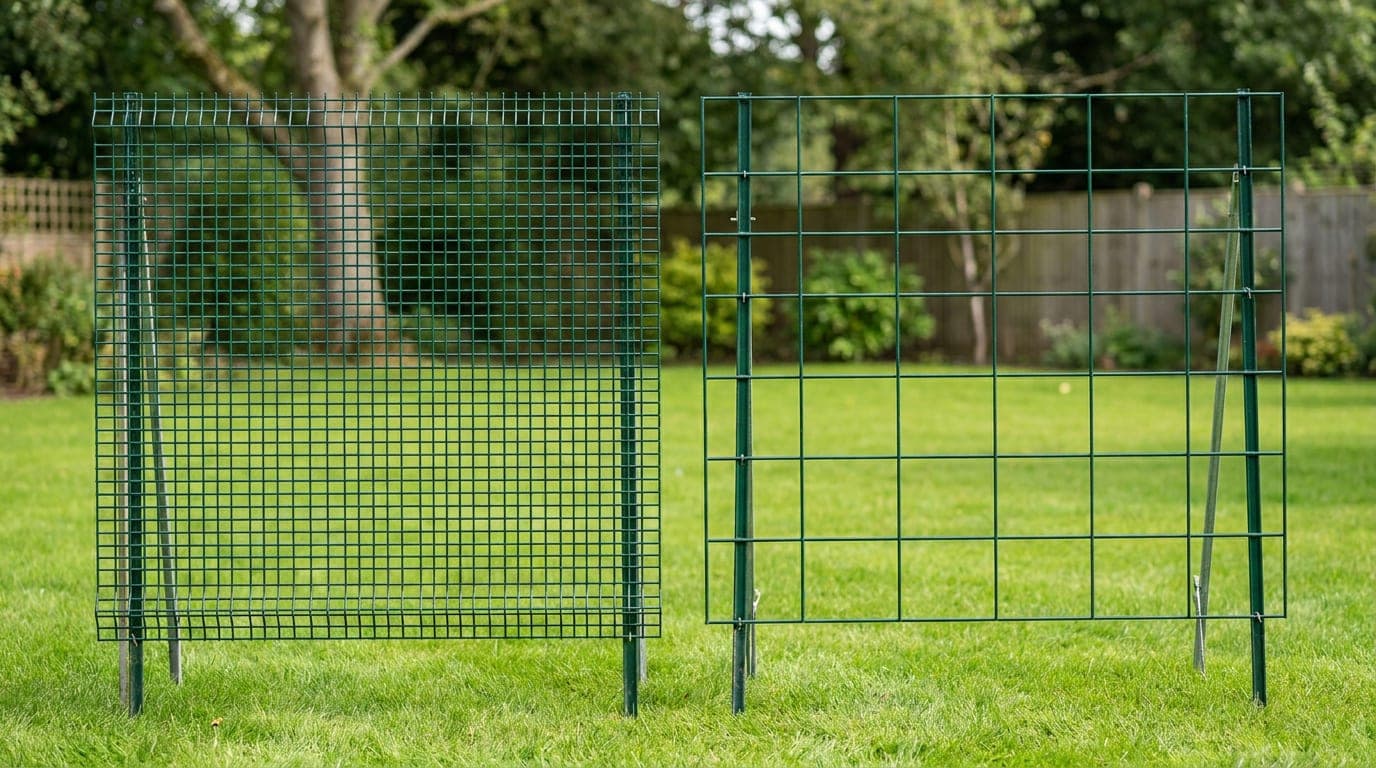 Farklı göz aralığındaki iki panel çit bölümünün yakın görünümü
