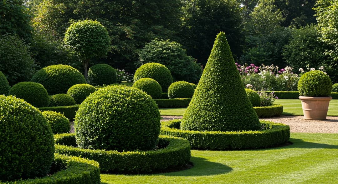 Bir bahçede geometrik küre ve koni formlarına kesilmiş şimşir ve taflan topiary bitkileri, Ankara villa bahçesinde