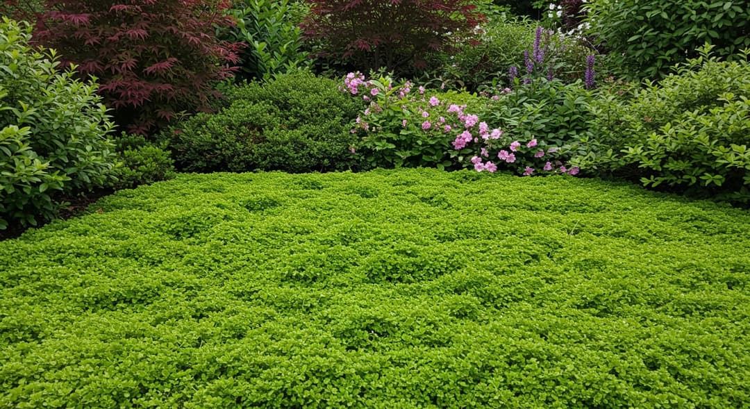 Kekik ve sedum ile kaplı taş bahçe yolunda yer örtücü bitkiler doku ve renk katıyor