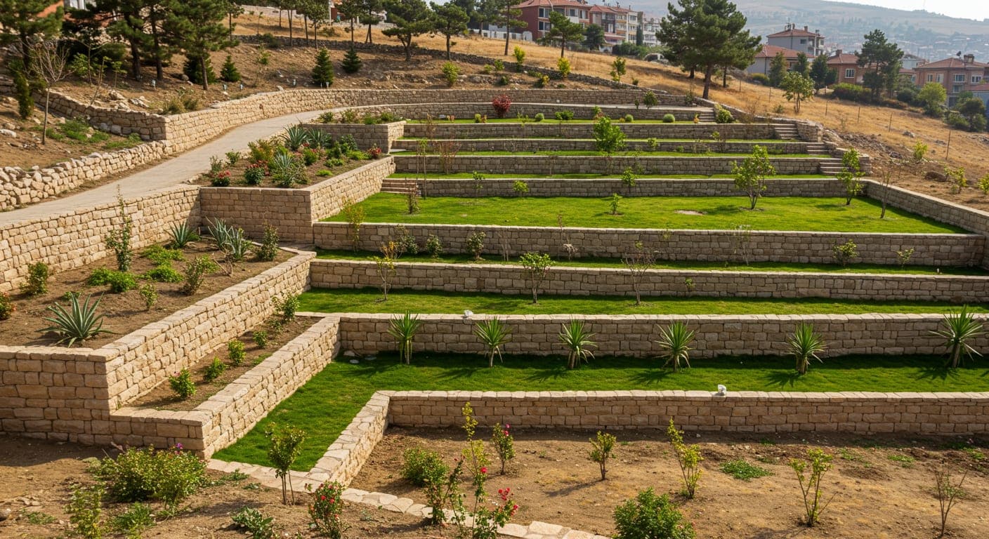 Altındağ'da eğimli arazide taraçalı bahçe peyzajı, set duvarlı yeşil alan