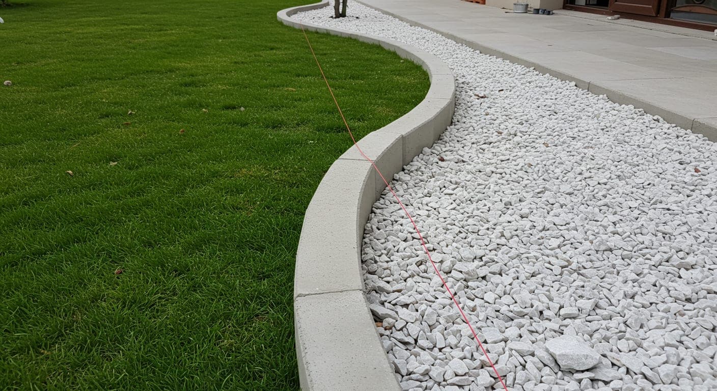 Ankara'da bahçede çim alanı ile mıcırlı tarhı ayıran beton bahçe bordürü uygulaması