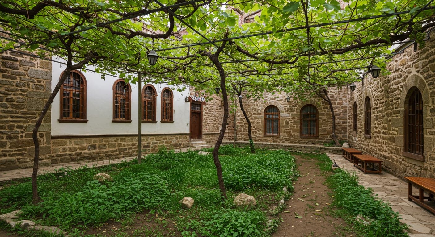 Beypazarı tarihi ev avlusunda bahçe peyzajı