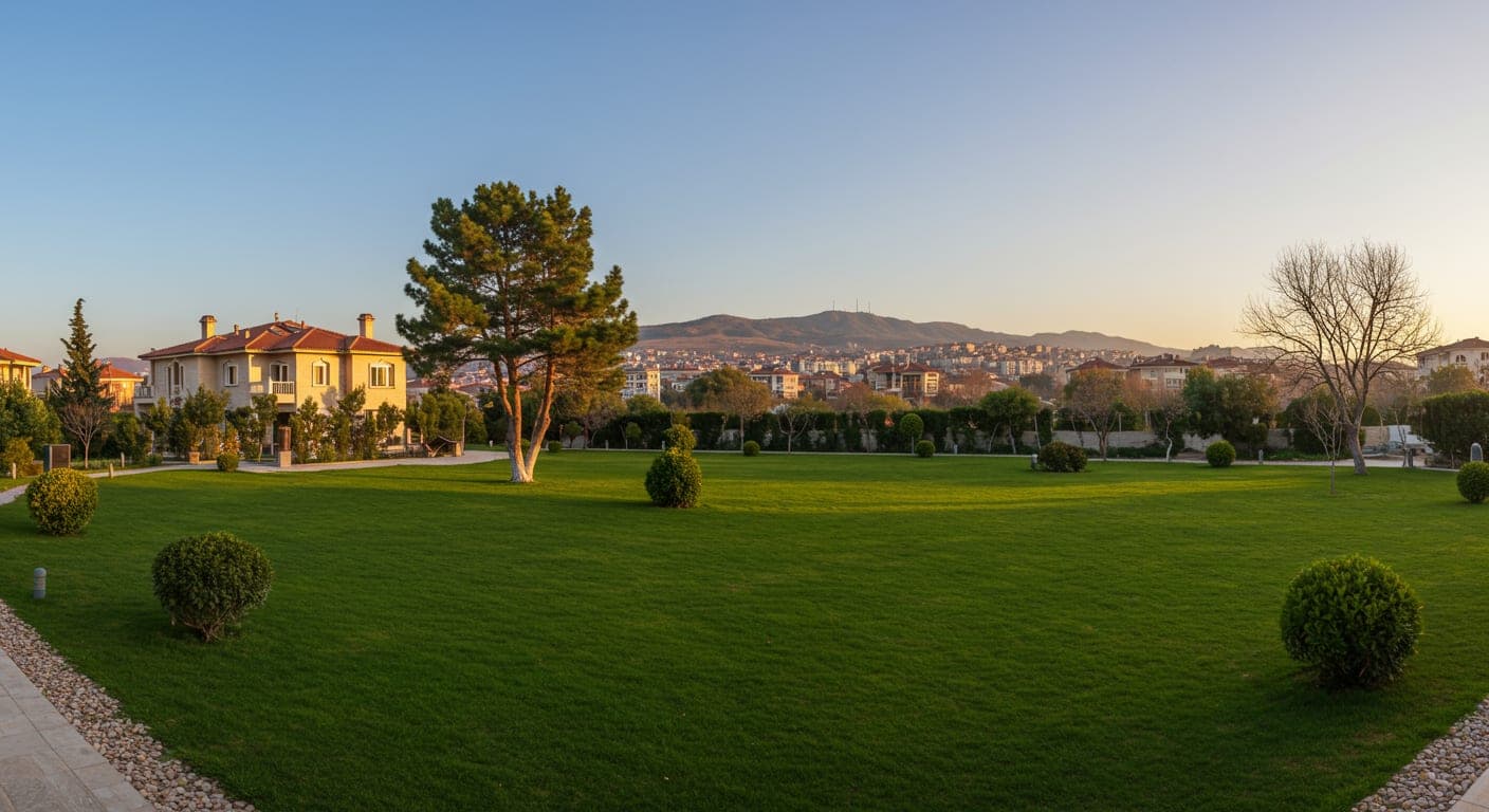 Çankaya'da büyük villa bahçesinde peyzaj uygulaması, geniş yeşil alan