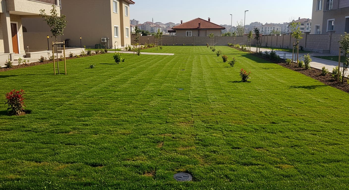 Etimesgut'ta düzlük bahçede drenajlı peyzaj ve otomatik sulama uygulaması