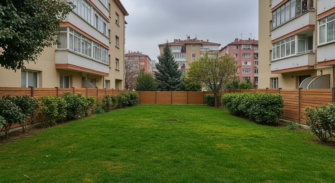Keçiören'de site bahçesi peyzaj düzenlemesi, yeşil alan ve panel çit uygulaması