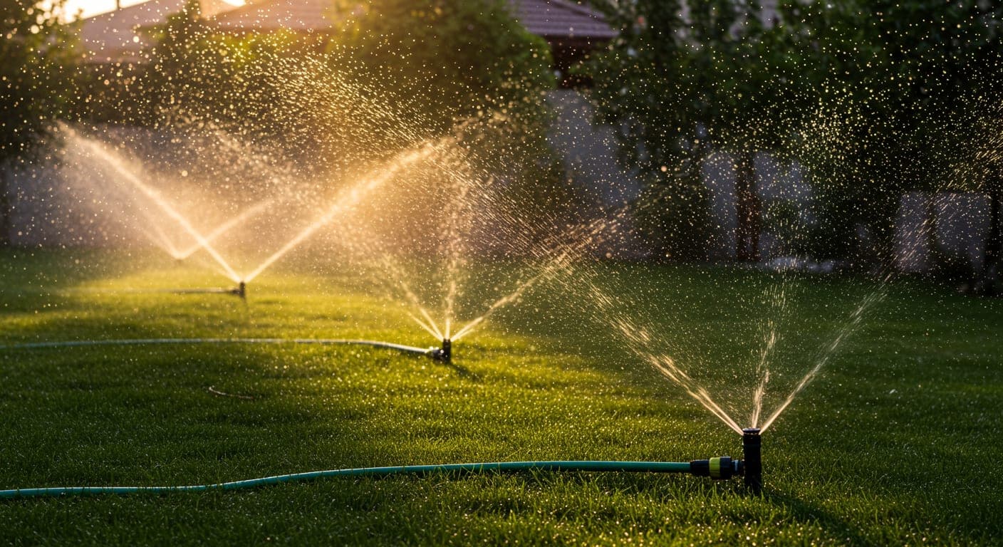 Ankara bahçesinde otomatik sulama sistemi, sprinkler başlıkları yeşil çim sularken