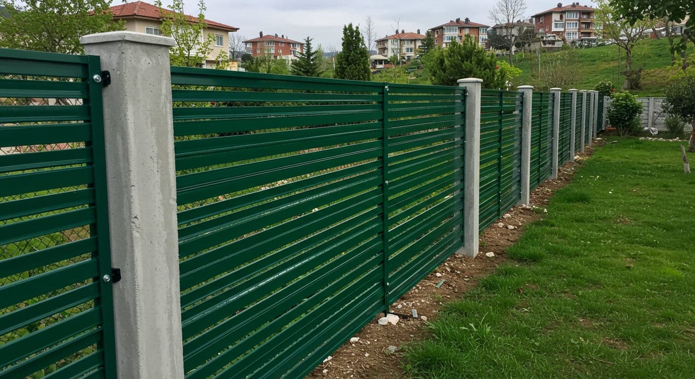 Ankara villa bahçesi çevresine monte edilmiş panel çit, yeşil zemin üzerinde