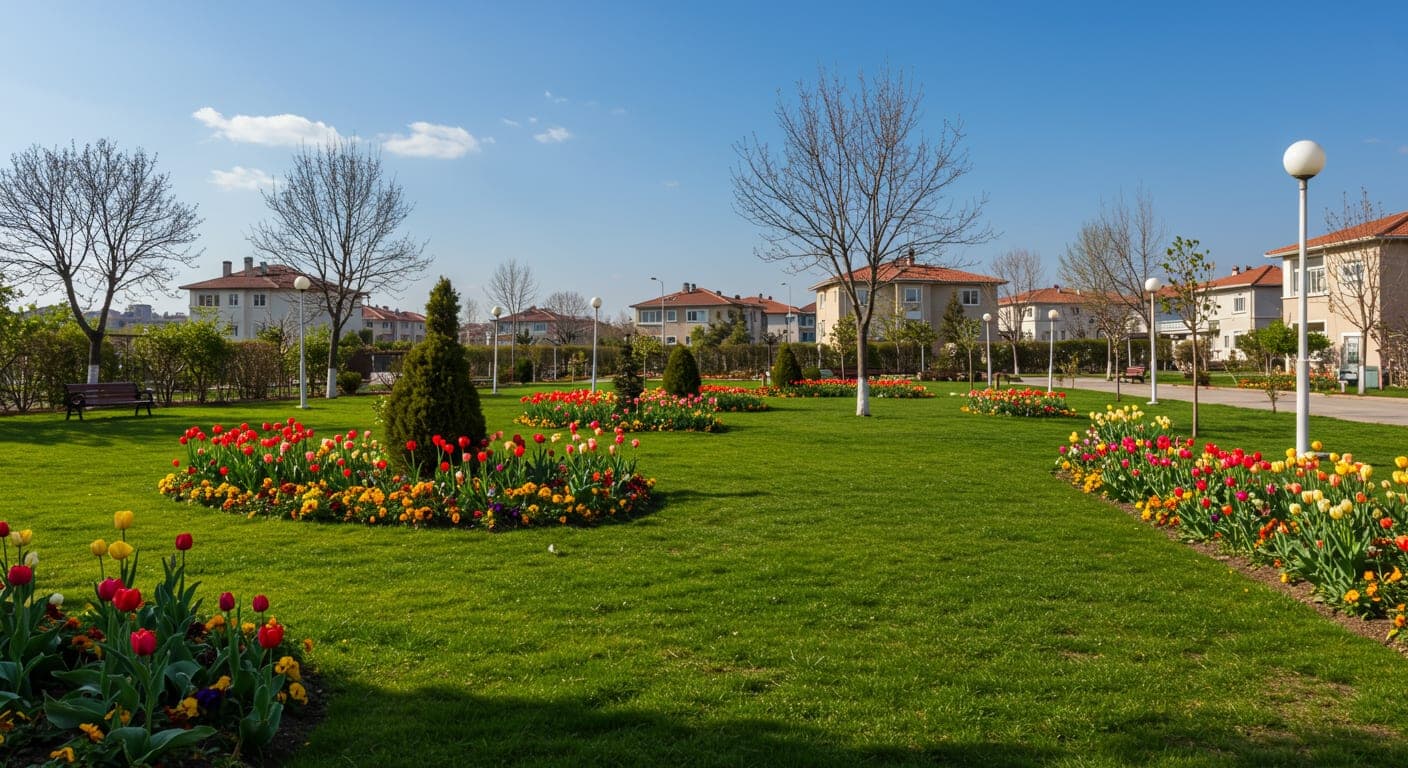 Sincan'da çiçek tarhlı bahçe peyzajı, lale ve mevsimlik çiçeklerle yeşil alan