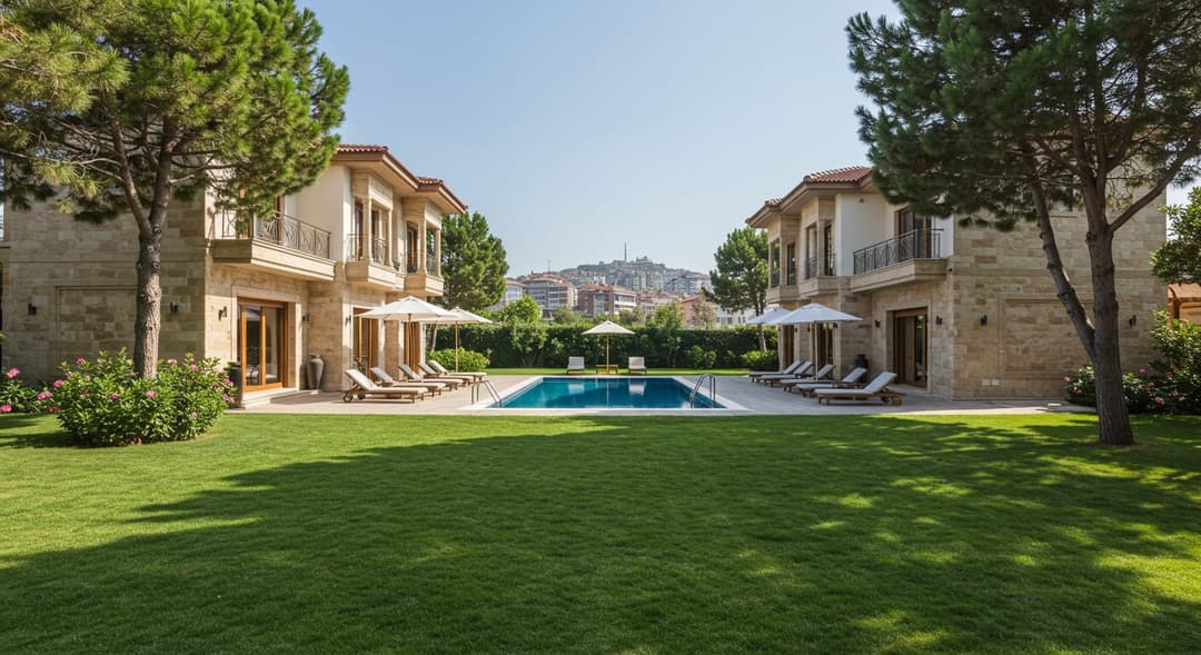 Orta ölçekli villa bahçesinde peyzaj düzenlemesi