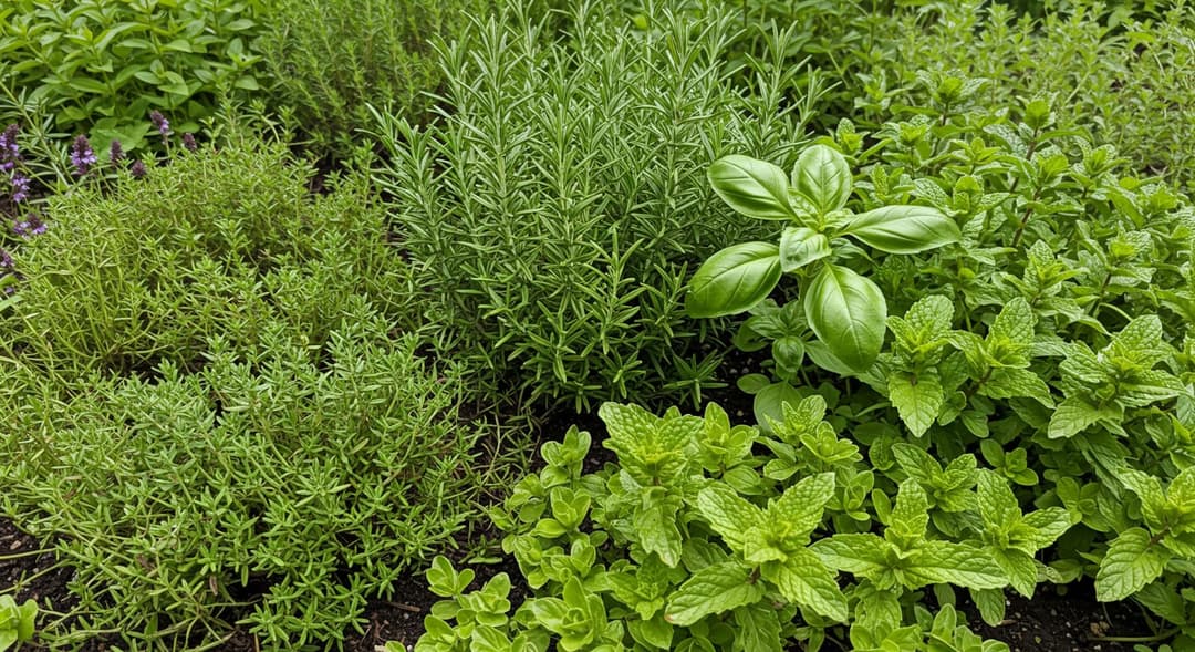 Güneşli bahçede kekik, biberiye ve lavantanın bir arada yetiştiği aromatik mutfak bitkileri yatağı — Ankara herb garden