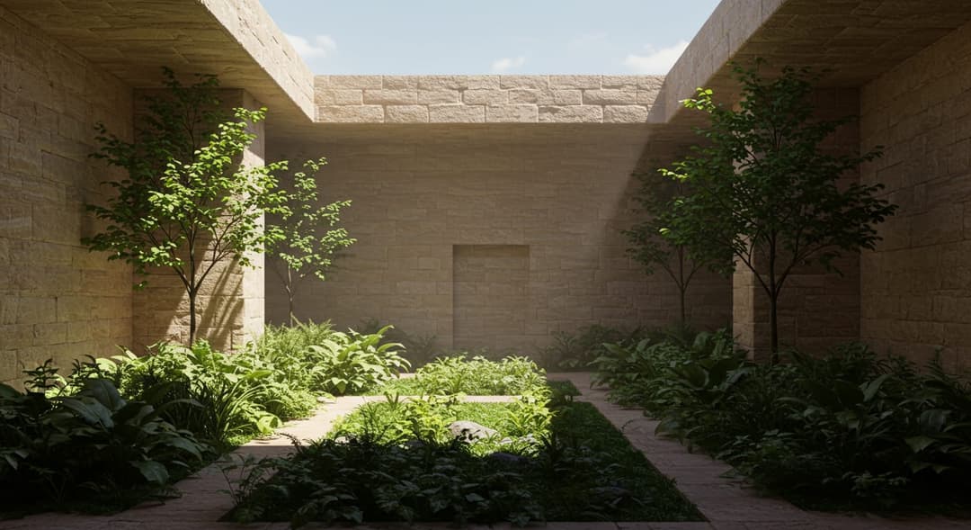 Duvarlarla çevrili avlu iç bahçesi, merkez çeşme, tırmanıcı bitkiler ve taş zemin — Ankara konut projesi