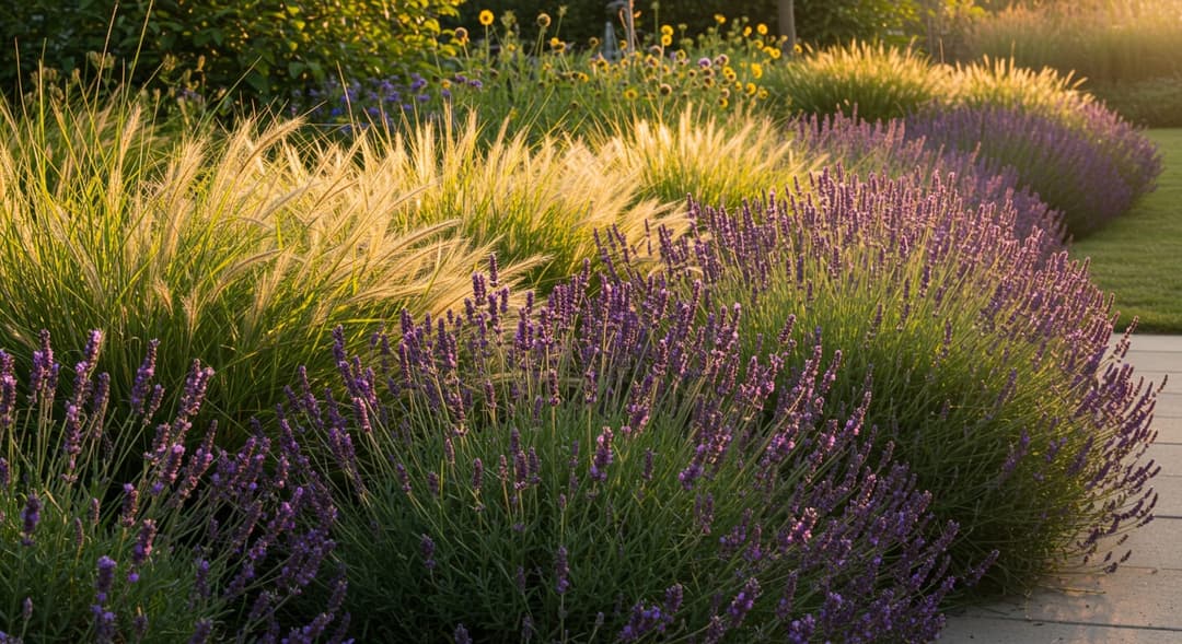 Ankara bahçesinde lavanta, festuca glauca ve sedum ile düzenlenmiş az bakım isteyen xeriscape düzenlemesi