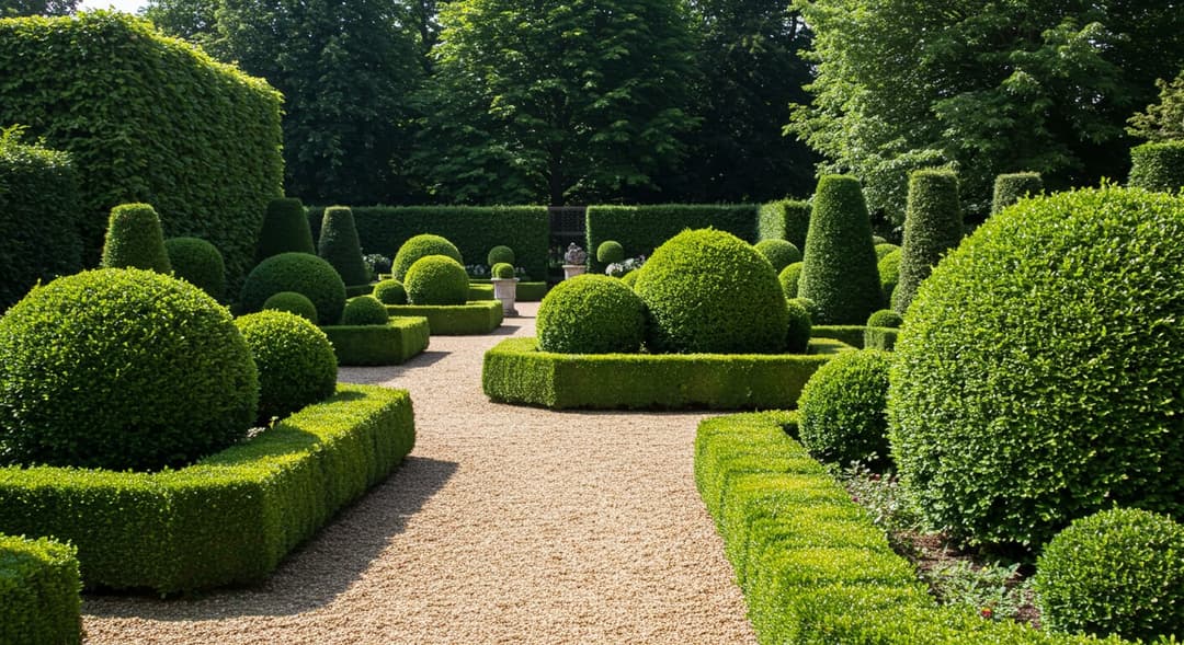 Ankara bahçesinde buxus küre ve ligustrum çitinin makasla şekillendirilmesi