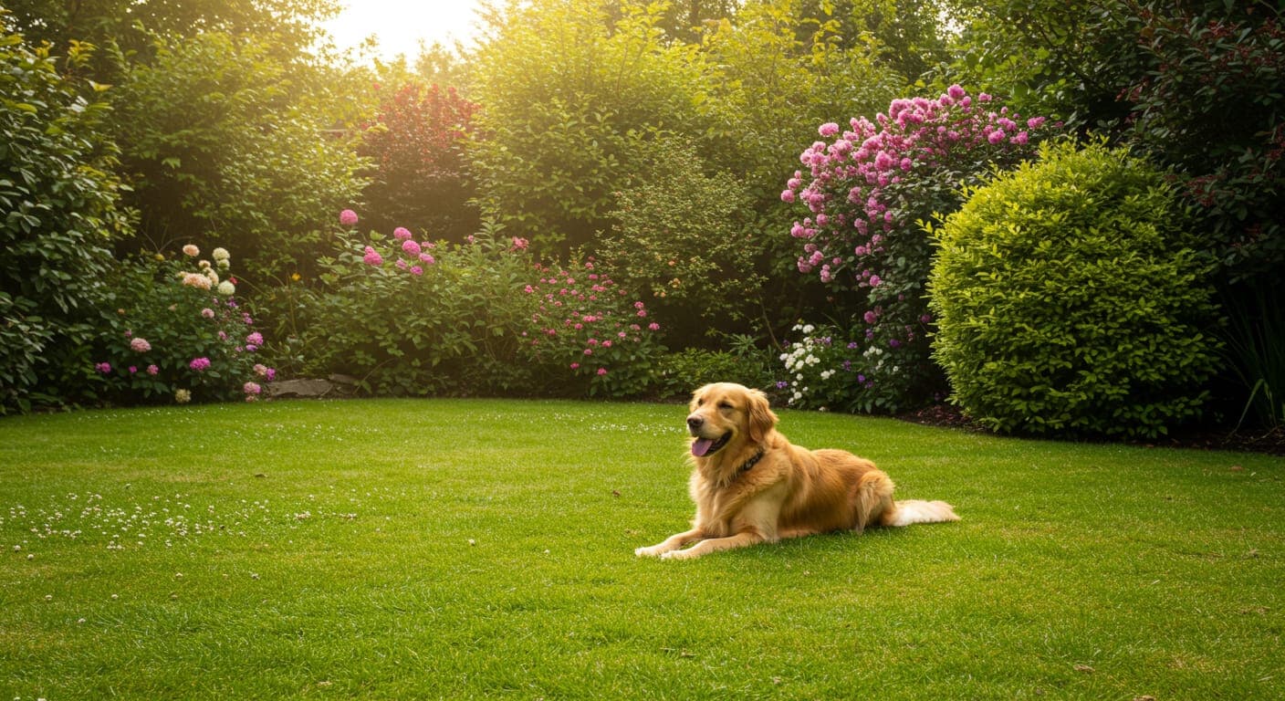 Ankara'da kedi ve köpeklerin güvenle dolaşabileceği toksik olmayan bitkilerle tasarlanmış evcil hayvan dostu modern bir villa bahçesi peyzajı