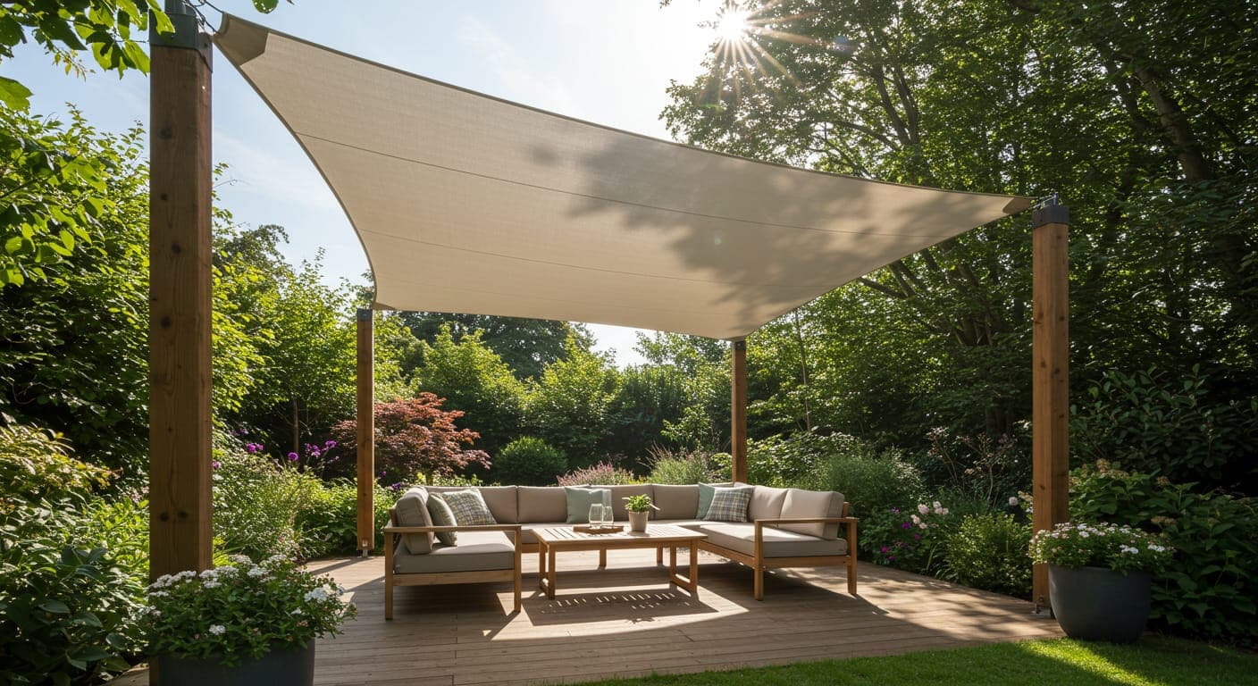 Ankara'da modern villa bahçesinde gölgelik yelken ve ahşap pergola gölgeleme tasarımı