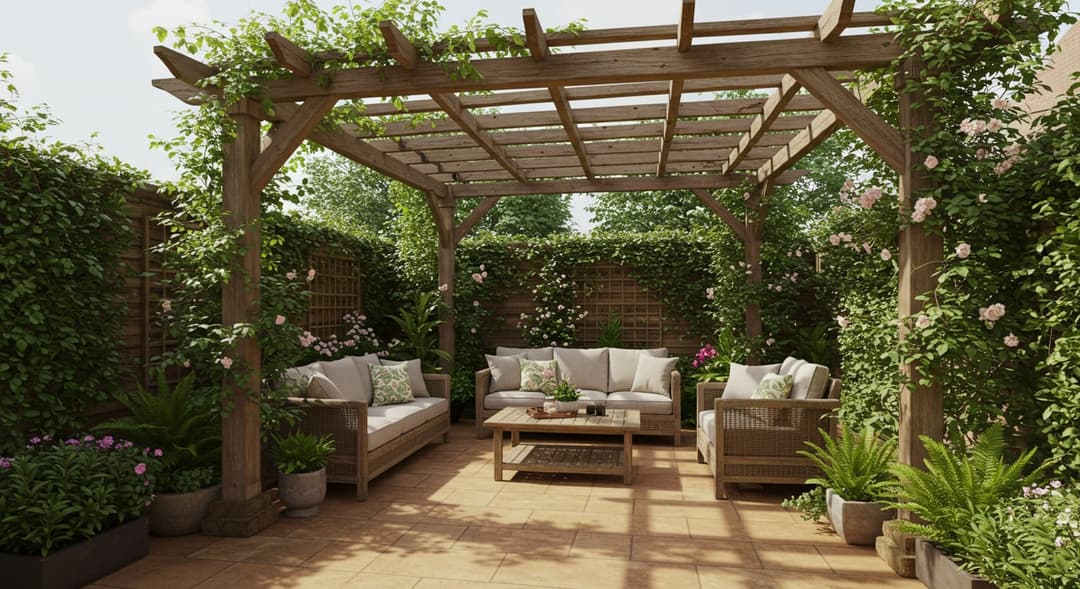 Ankara villa bahçesinde parke taşı zeminli patio oturma alanı, ahşap mobilya ve pergola gölgesi