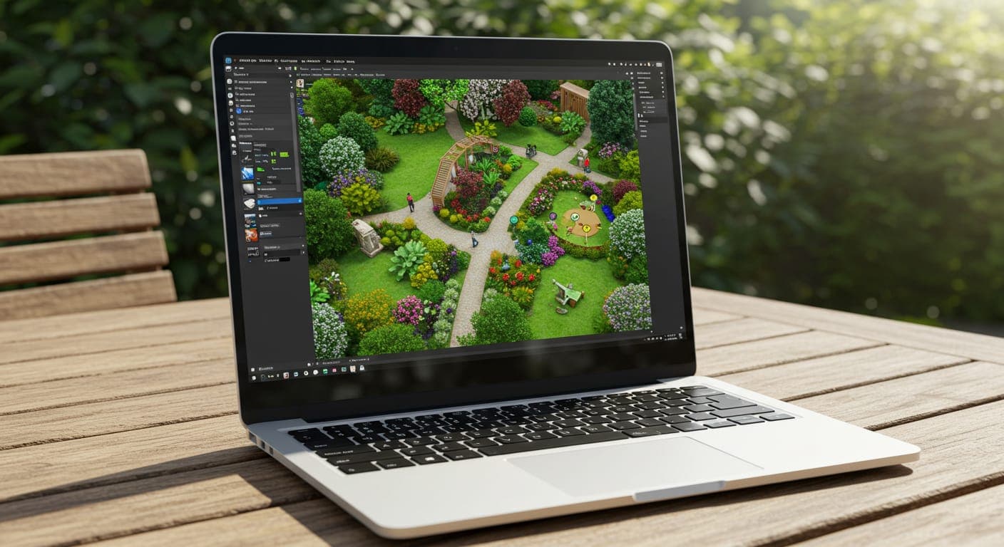 Bahçe tasarım programı ile yapılmış 3D peyzaj planı görseli