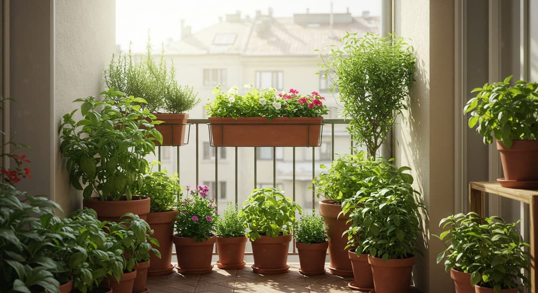 Güney cepheli balkonda terracotta saksılar, sardunya ve baharatlık otlarla düzenlenmiş balkon bahçesi