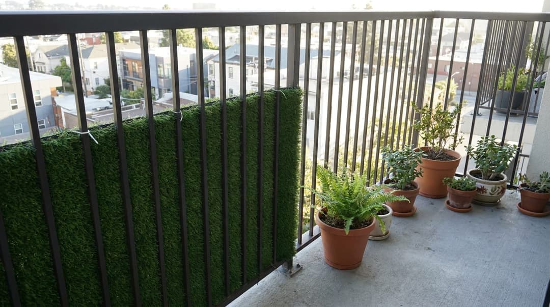 Balkon korkuluğuna giydirilmiş çim çit perdesi