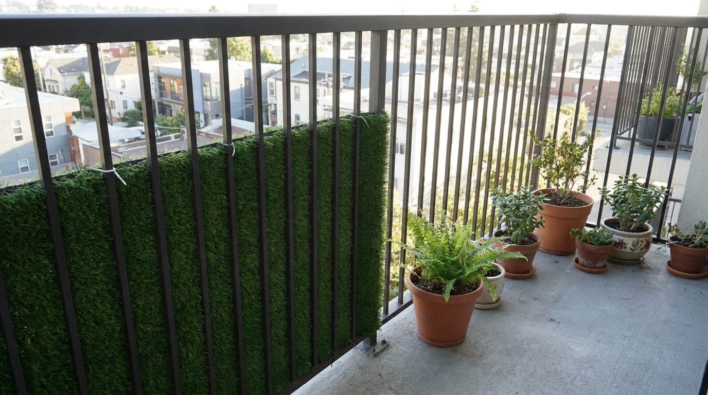 Balkon korkuluğuna giydirilmiş çim çit perdesi
