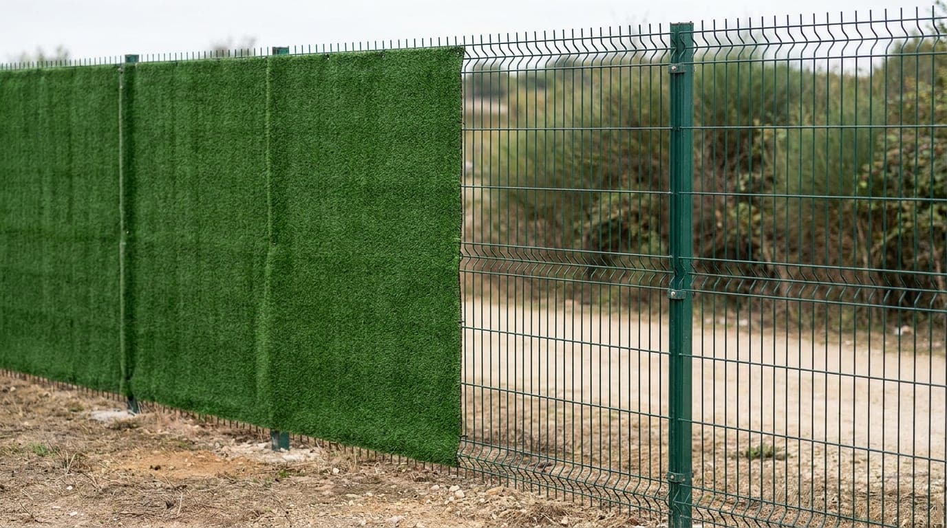 Panel çit hattına giydirilmiş çim çit perdesinin kenar görünümü