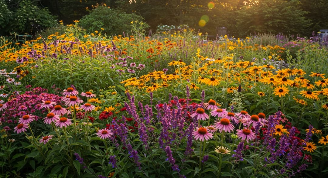 Ankara bahçesinde ekinezya, sarı rudbeckia ve mavi salvia ile çok yıllık perennial çiçek yatağı