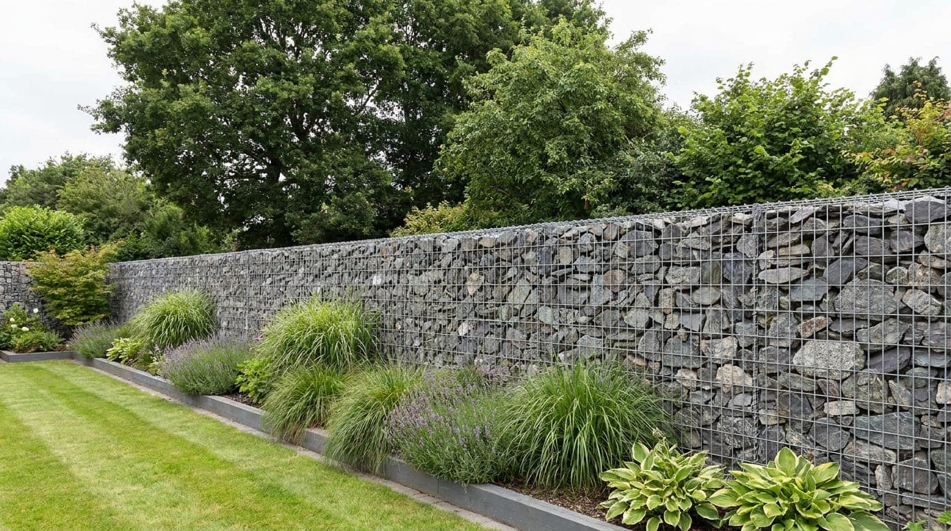 Bahçe sınırında taşla doldurulmuş tel kafes gabion duvar