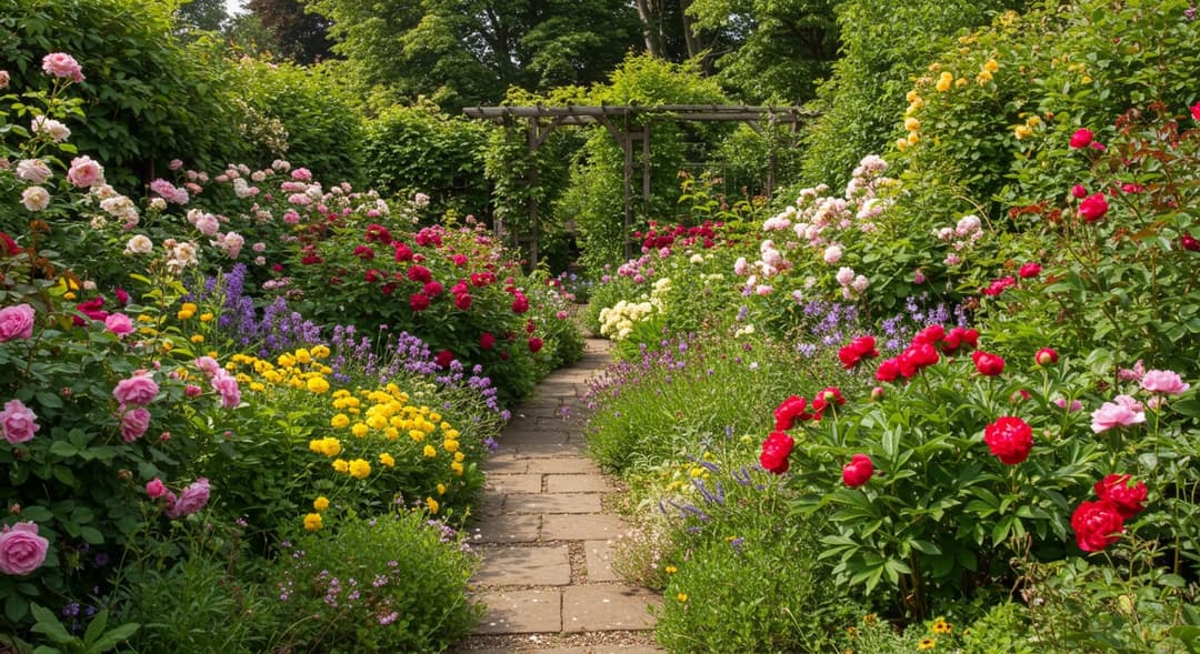 Tırmanıcı gül kemeri, şakayık ve delphinium ile dolu romantik İngiliz kır bahçesi — Ankara cottage garden tasarımı