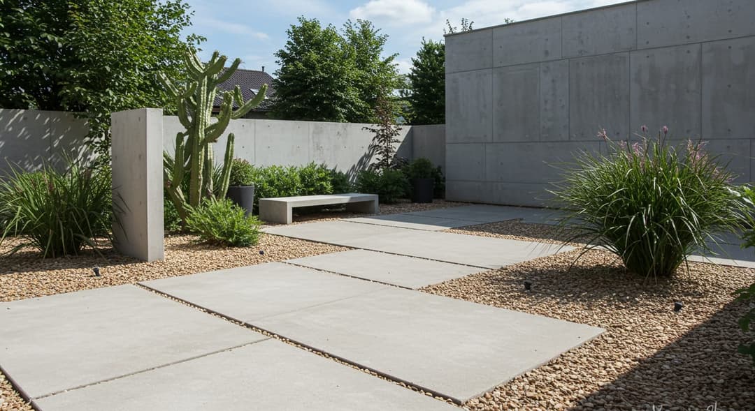 Geniş beton plaka zemin, korten çelik bordür, süs otu kümeleri ve dingin ayna havuzlu modern minimalist bahçe