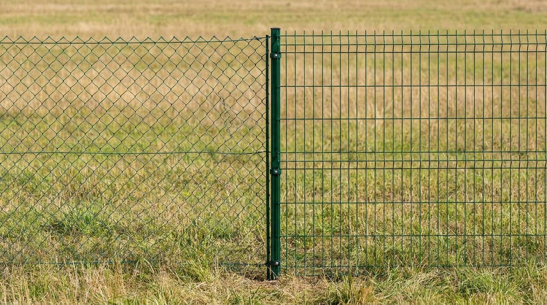 Örme tel ve punta kaynaklı tel örgü bölümlerinin yan yana yakın görünümü
