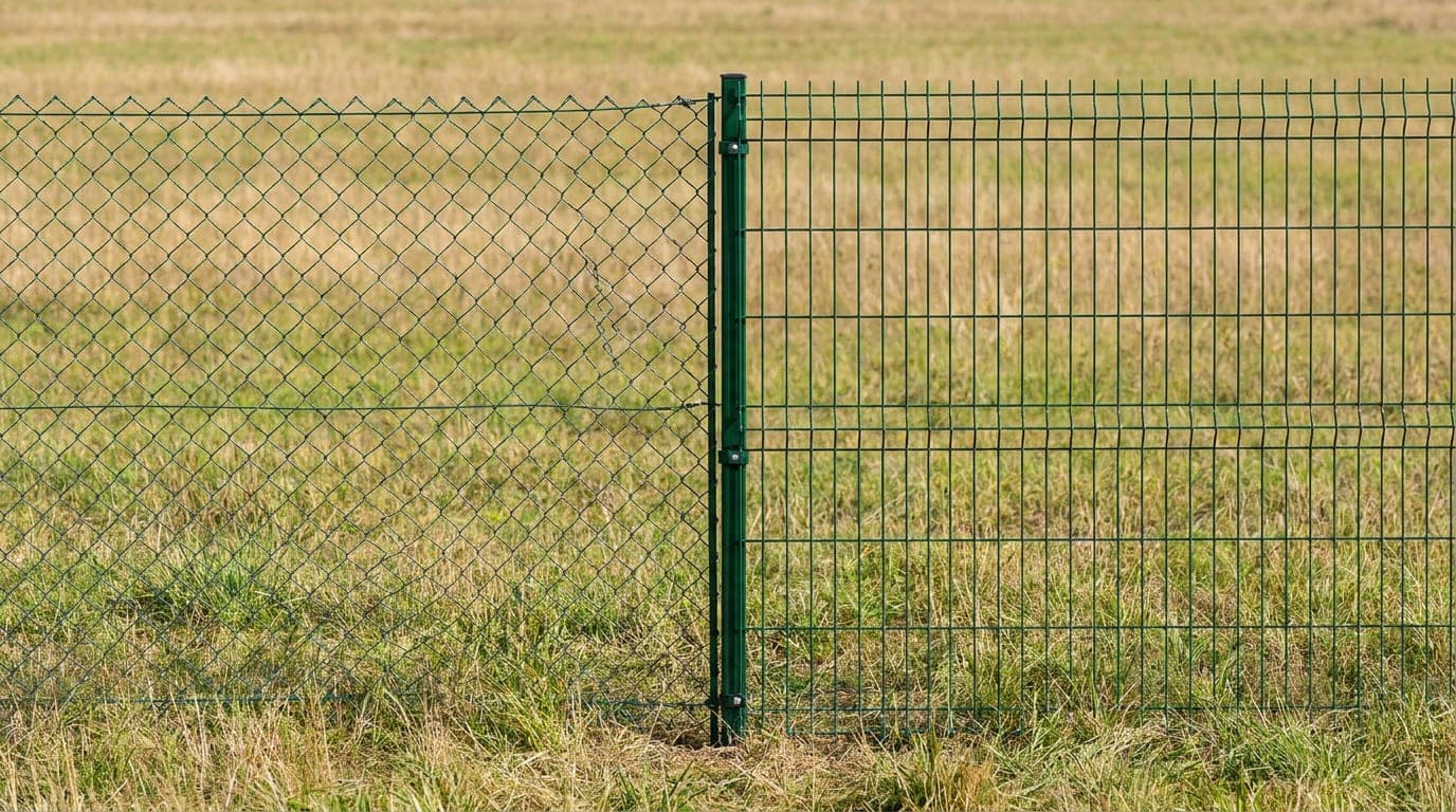 Örme tel ve punta kaynaklı tel örgü bölümlerinin yan yana yakın görünümü