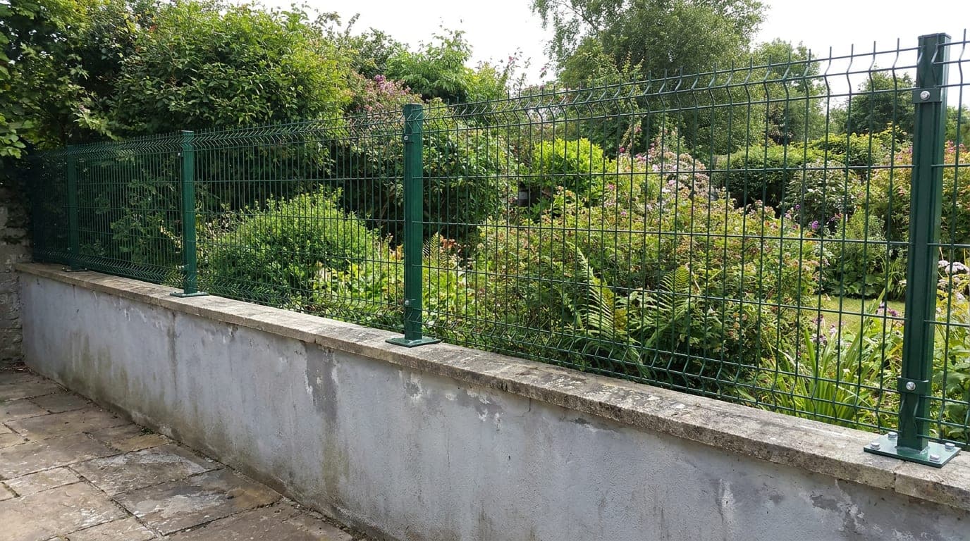 Bahçe duvarının üstüne flanşlı direklerle monte edilmiş panel çit hattı