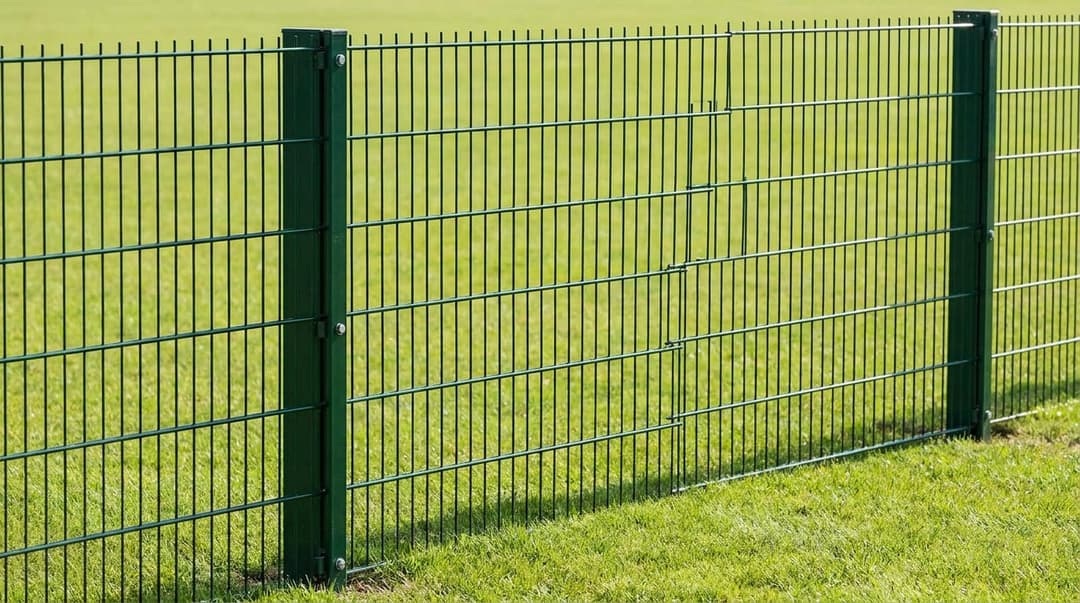 Hizası bozulmuş ve gevşemiş bağlantılı bir panel çit bölümü