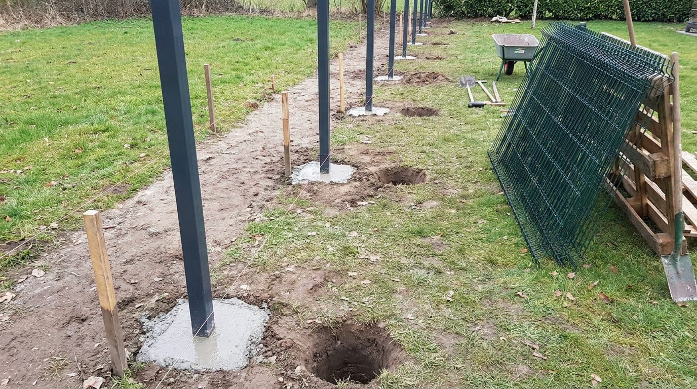 Bahçede montajı süren panel çit hattı ve açılmış direk çukurları