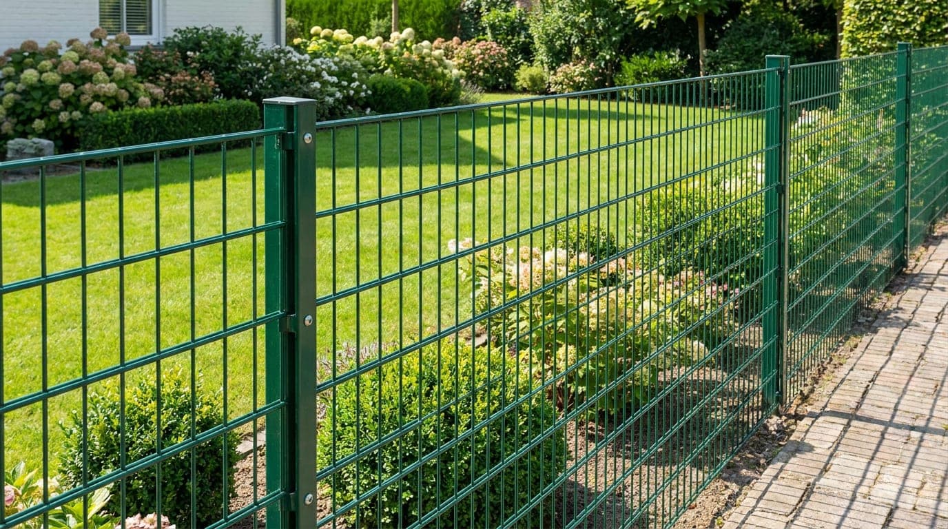 Bahçe sınırında kurulu galvanizli panel çit hattı ve kutu profil direkler