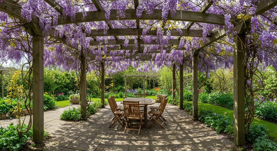 Ankara villa bahçesinde emprenyeli ahşap pergola ve glisin tırmanıcı bitki uygulaması