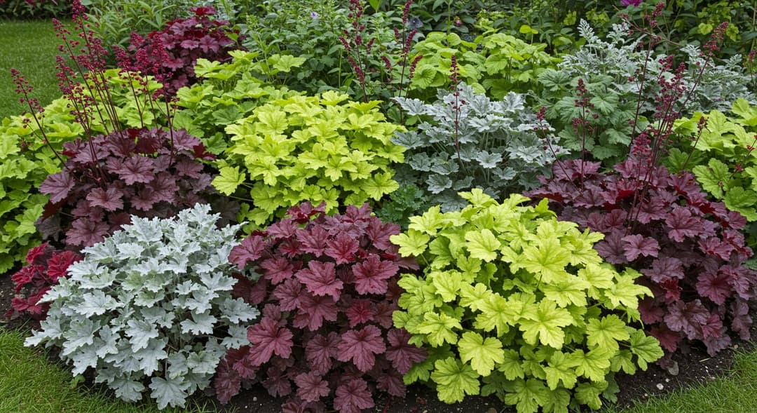 Bordo Heuchera, altın Hakonechloa ve gümüş Stachys ile oluşturulmuş renkli yapraklı foliage bahçe köşesi, Ankara