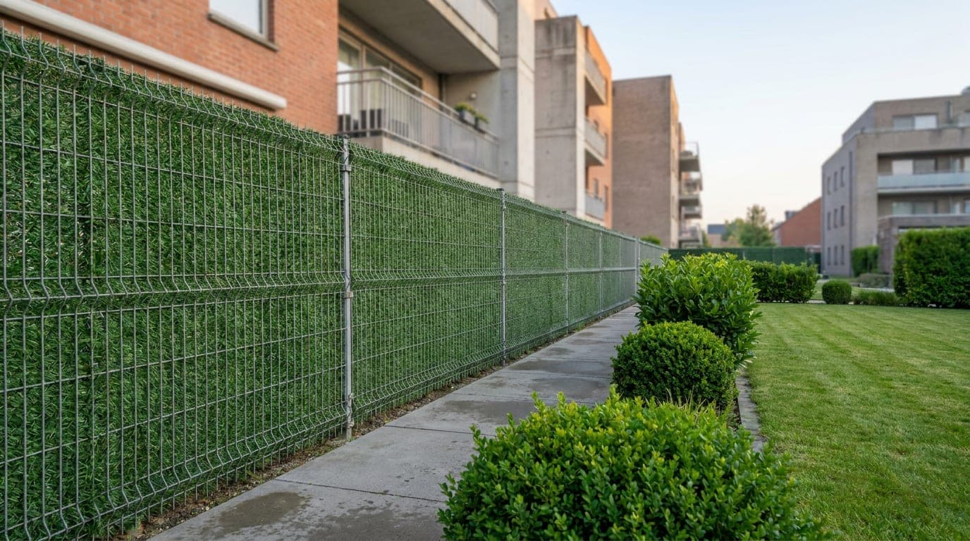 Site ortak alanında hat boyunca tek tip uygulanmış çim çit