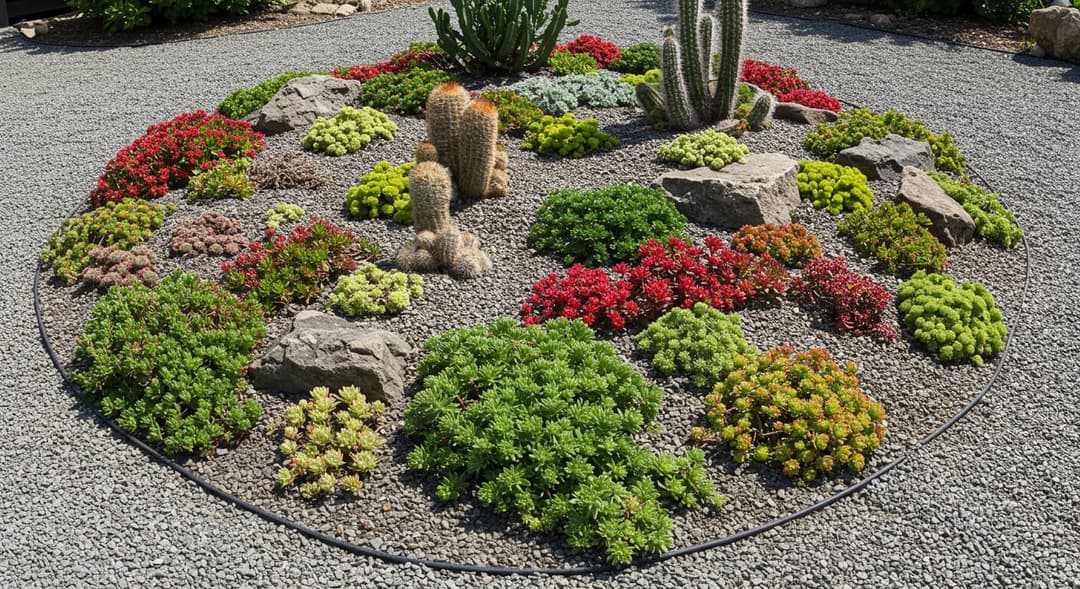 Sempervivum, sedum ve opuntia ile taşlık mineral estetikli sukulent kaktüs bahçe düzenlemesi, Ankara