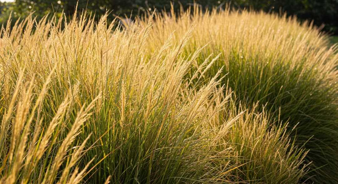 Ankara bahçesinde Miscanthus sinensis ve Festuca glauca ile düzenlenmiş süs otu kompozisyonu, sonbahar gün ışığında dalgalanan gümüş başaklar