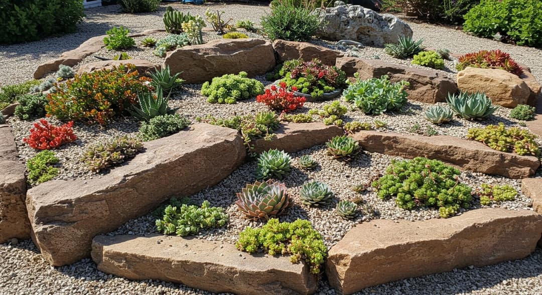 Ankara bahçesinde andezit kayalar, lavanta ve sempervivum ile kurulmuş taşlık rock garden