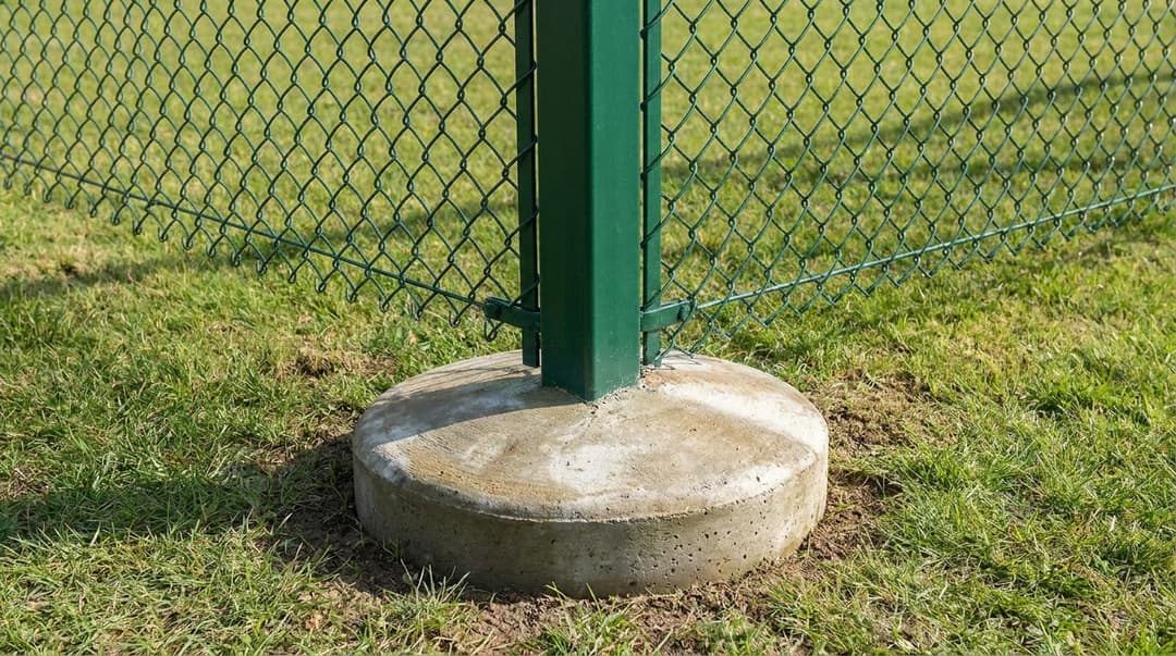 Bahçe köşesinde geniş tabanlı beton içine alınmış tel örgü köşe direği