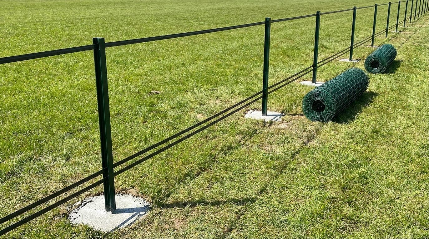 Tel örgü hattında gerdirme öncesi dikilmiş taşıyıcı direkler ve gergi teli